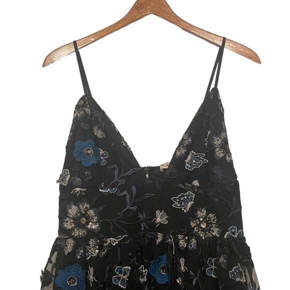 For Love & Lemons Botanic Appliqué Blue Black Sequin Sheer Midi Dress Size M - Picture 3 of 6